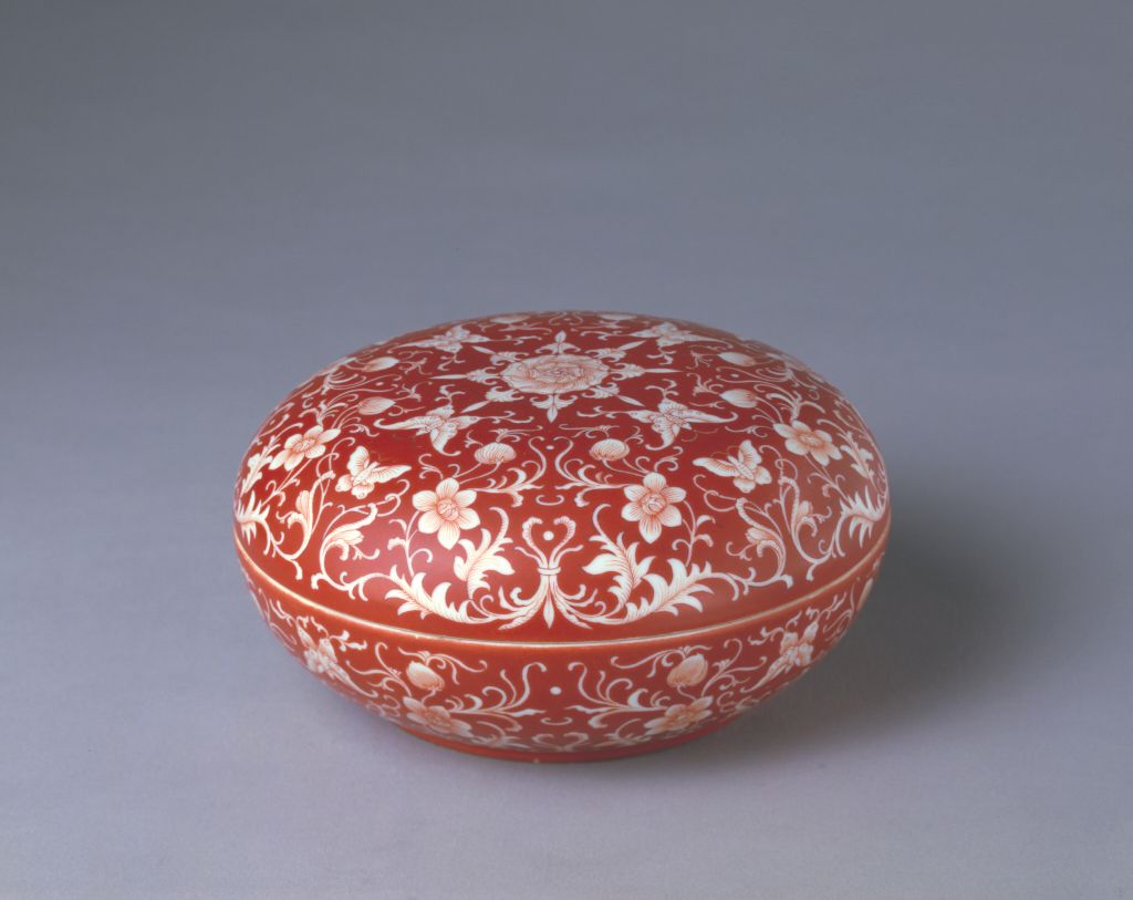 图片[1]-Alum red ground white flower butterfly pattern round box-China Archive